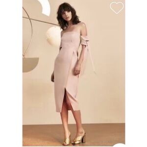 few moda bandage blush pink front slit midi dress cutout off shoulder